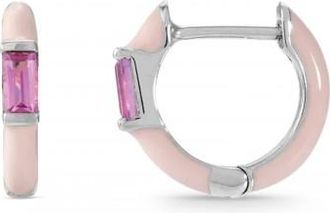 Allurez Natural Pink Tourmaline & Pink Enamel Hoop Earrings 14K White Gold (0.13ct)