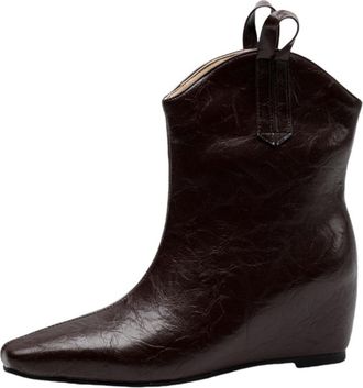 Generic Womens Square Toe Western Ankle Boots Wedge Heel Faux Leather Stylish Comfortable Slip Resistant Wear Resistant Durable for Fashion Leisure Daily,Brow