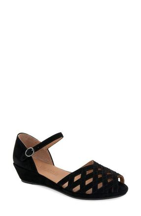 Gentle Souls Loren Ankle Strap Peep Toe Wedge Sandal in Black Suede at Nordstrom, Size 8.5