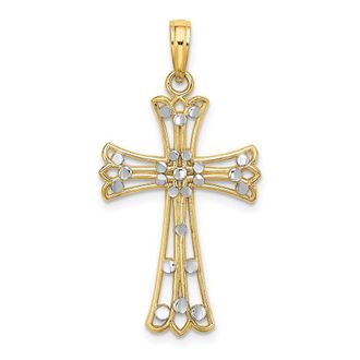 Diamond2Deal 14k Yellow Gold Rhodium Diamond-Cut Cross Charm