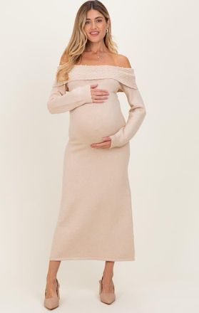 Pinkblush Faux Pearl Detail Off Shoulder Sweater Dress in Beige at Nordstrom, Size Medium