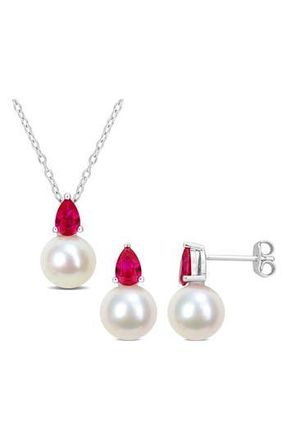 Delmar Cultured Freshwater Pearl & Ruby Pendant Necklace & Stud Earrings Set at Nordstrom Rack
