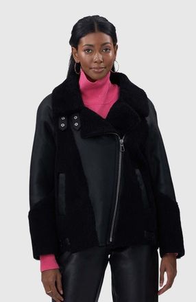 Gorski Genuine Shearling Zip Moto Jacket in Black/black at Nordstrom, Size X-Small