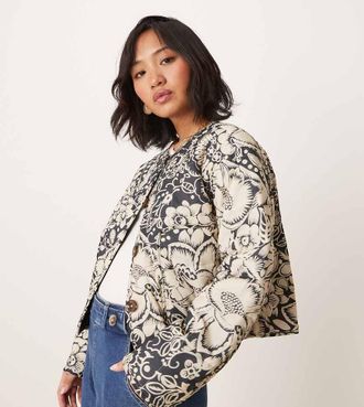 Asos Petite ASOS DESIGN Petite crop collarless quilted jacket in mono floral-Multi