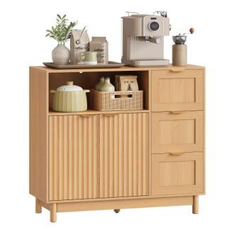 Woltu Woltu Aparador Con 3 Cajones, 2 Puertas Y 1 Compartimento Abierto, Estante Ajustable - Para Cocina Y Sala De Estar - Efecto Madera