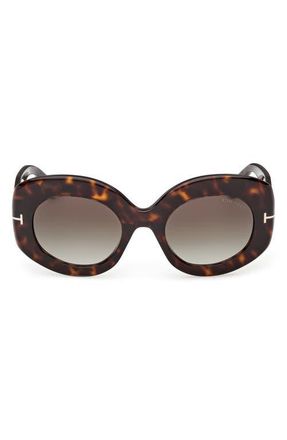 Tom Ford Claudette 51mm Round Sunglasses in Shiny Classic Dark Havana /t/Logo /Gradient Smoke Lens at Nordstrom