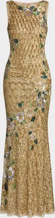 Mac Duggal Floral Beaded Mesh Sleeveless Gown
