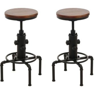 Hhg Hhg - Nunca Usado] Juego De 2 Taburetes De Bar 970, Taburete De Bar Altura Regulable Reposapi&eacute;s Giratorio Hierro Industrial Madera Maciza, Marr&oacute;n