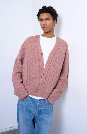 Topman Marled V-Neck Cable Cardigan in Pink at Nordstrom, Size Medium