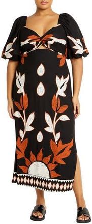 City Chic Botantical Print Twist Cutout Puff Sleeve Dress in Nala Placement at Nordstrom Rack, Size Xs/14W