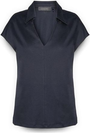 Elena Miro T-shirt met V-hals en kraag - Dames - Blouses - Blauw - 2XL - Katoen - Overhemden