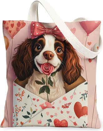Generic Valentines Day Springer Spaniel Dog Canvas Tote Bag for Shopping 13x15, Love Letter Puppy Reusable Grocery Print Pattern Bag for Women, Lover Beach Ae