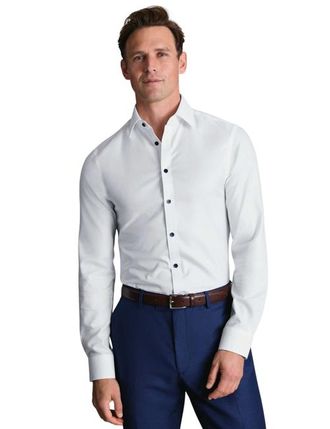 CHARLES TYRWHITT Non-Iron Twill with contrast blue buttons Shirt in White at Nordstrom, Size 16.5 - 35