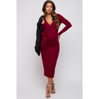 Pinkblush Blue Ribbed Long Sleeve Maternity Wrap Dress in Burgundy at Nordstrom, Size Medium