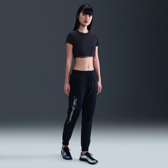 Nike Womens Nike Sportswear Club Fleece Mid-Rise Graphic Pants in Black | HV2346-010