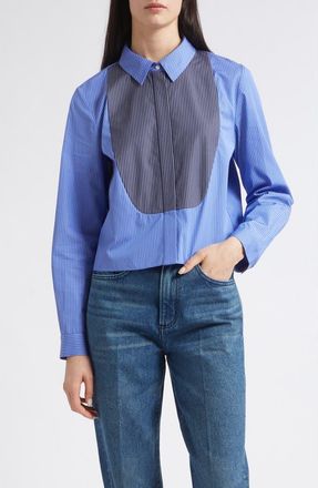 Nellie Partow Warren Crop Stripe Bib Cotton Poplin Button-Up Shirt in Cornflower Stripe at Nordstrom, Size 8