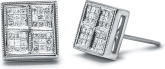 House of Brilliance 14K White Gold 1/2 Cttw Princess Diamond Composite Box Shape Milgrain Stud Earrings