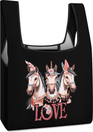 Generic Exotic Boho Horses Love Shopping Bag Reusable Grocery Tote Bag Foldable Handbag for Travel Picnic