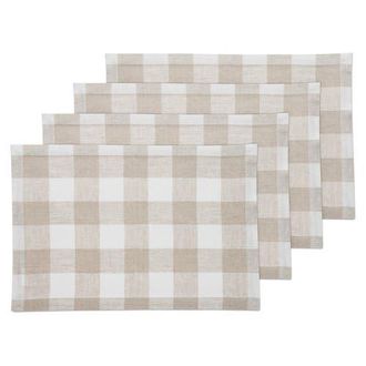 Solino Home Linen Placemats Set of 4, 14 x 19 Inch for Dining Table, Holiday and Everyday Table Decor - Buffalo Check in Natural And White at