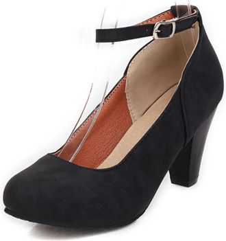 Generic Womens Retro Block Heel Mary Jane Shoes - Platform Ankle Strap Pumps Round-Toe Faux Suede Daily Wear Heels,Black,7.5 UK