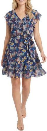 London Times Ruffle Cap Sleeve Faux Wrap Dress in Navy/Hollyhock at Nordstrom Rack, Size 10P
