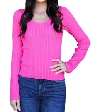 Scala Lace Long Sleeve U-Neckline Top In Hot Pink
