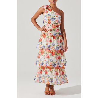 ASTR the Label Natali Floral Print One-Shoulder Tiered Dress in White Coral Floral at Nordstrom Rack, Size X-Small