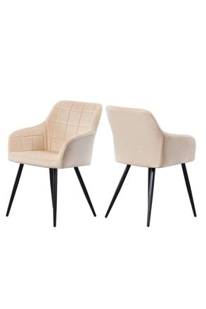 Life Interiors Set of 2 Camden Modern Velvet Dining Chairs with Armrests, Quilted Design & Black Metal Legs in Cream