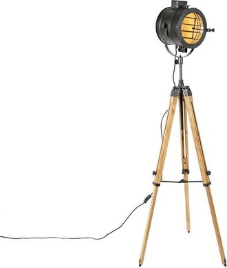 QAZQA Industrial Lámpara de pie trípode negra con foco de estudio de madera - Radient /Acero Alargada Adecuado para led Max. 1 x 40 Watt - Qazqa