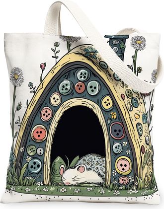 Generic Spring Rat Mouse Canvas Tote Bag for Shopping 13x15, Fun Flower Animal House Reusable Grocery Print Pattern Bag for Women, Cute Wildflower Beach Aesth