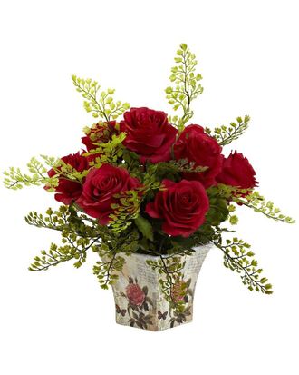 Nearly Natural Rose & Maiden Hair Floral Planter