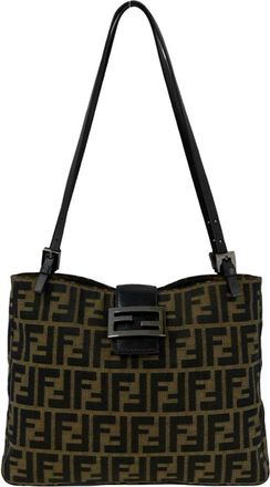 Fendi Black Brown Khaki Canvas Leather Shoulder Bag Tote Bag (Pre-Owned)