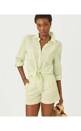 Lilly Pulitzer Captina Linen Stripe Shorts In Pistachio Macaron X Conch Shell Pink Saint Tropez
