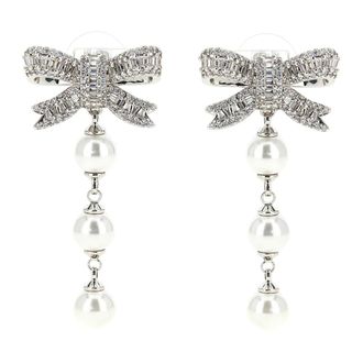 Self Portrait Crystal Bow Pearl Droplet Earrings - female - Self Portrait - Earrings - Gray - ONE SIZE - Accessories