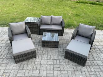 Fimous Rattan Garden Furniture Set Patio Conservatory Indoor Outdoor 6 Seater Set with Love Sofa Square Coffee Table in Dark Grey