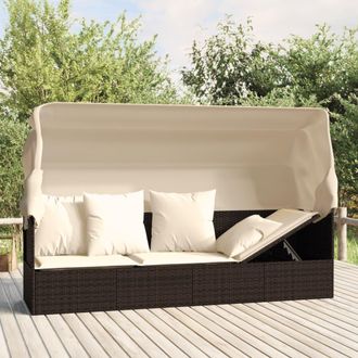 vidaXL Sof&aacute; Tumbona De Jard&iacute;n Con Toldo Cojines Rat&aacute;n Sint&eacute;tico Marr&oacute;n Vidaxl