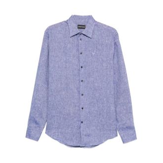 Emporio Armani Shirt met logo-detail - Heren - Casual Overhemden - Blauw - 2XL - Linnen - Overhemden