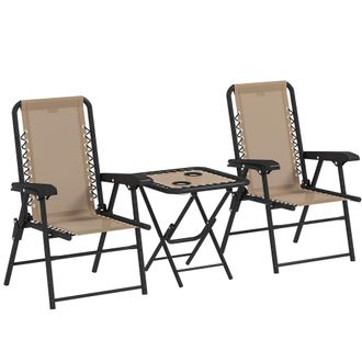 OUTSUNNY 3 Pieces Folding Garden Bistro Set with Cup Holders - Khaki - Khaki | TJ Hughes