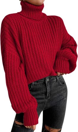 Generic Cable Knit Jumper Women Oversized Polo Neck Chunky Knitted Jumpers Autumn Winter Turtleneck Spullover Weaters Cozy Soft Thermal High Neck Knitwear,Red