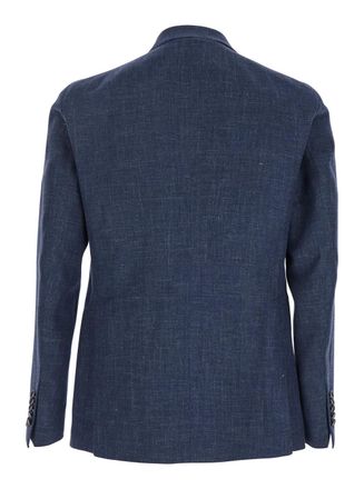 Tagliatore Blue Double-breasted Blazer With Logo Pin On The Front In Linen And Cotton Blend Man