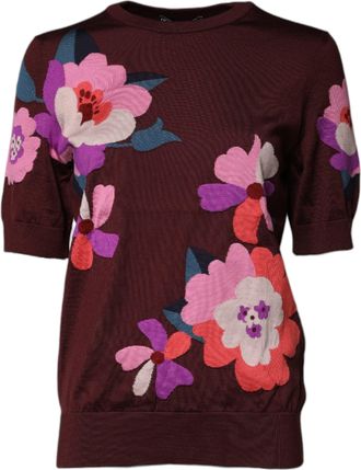 Dolce & Gabbana Womens Maroon Floral Silk Crew Neck Blouse Top