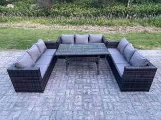 Fimous 9 Seater Outdoor Wicker Garden Furniture Rattan Lounge Sofa Set Patio Rectangular Dining Table Three Seater Sofa in Dark Grey