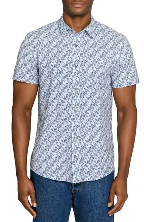 W.R.K Slim Fit Floral Short Sleeve Performance Button-Up Shirt in White/Navy at Nordstrom, Size Xx-Large