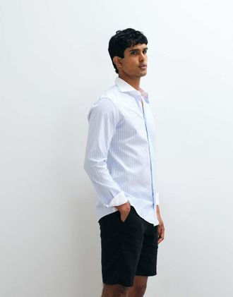 Mango Camicia a maniche lunghe in 100% cotone azzurro a righe con finiture a contrasto-Blu