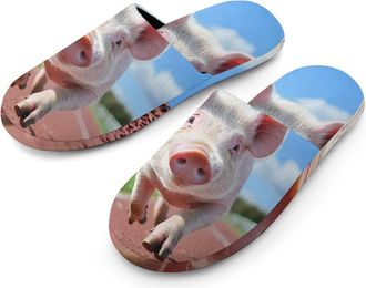 Generic Pigs Running Mens Slippers Flannel Warm House Shoes with Rubber Anti-Slip Sole Slip On for Home Outdoor