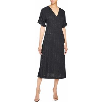 Santorelli SERAFINA Short Sleeve Midi Shift Dress with Side Skirt Buttons in Metallic Striped Linen in Black at Nordstrom, Size 10