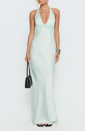 Princess Polly Odyssa Satin Halter Gown in Mint at Nordstrom, Size 12