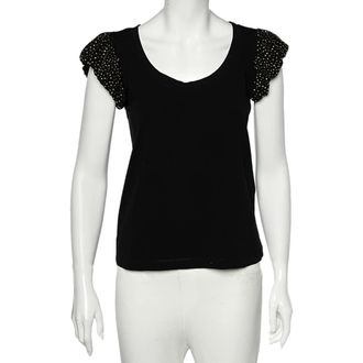 Love Moschino Black Cotton Knit Embellished Puff Sleeve T-Shirt