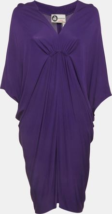 Lanvin Purple Stretch Knit Ruched V-Neck Mini