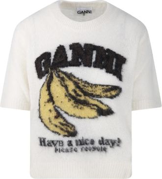 Ganni Brushed Alpaca Graphic T-Shirt - Dames - Ronde hals truien - Wit - M - Truien & Vesten